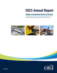 Annual report cover with OKI logo and various transportation images, Building a Transportation Network for Everyone