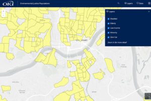 Environmental Justice map screenshot showing colored areas and in the OKI region with legend.