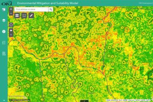 Environmental Mitigation and Suitability Modeler screenshot showing various colored areas representing environmental factors in the OKI region.