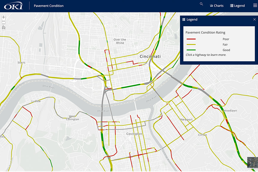Pavement condition map screenshot with various colored lines showing crash rates and legend.