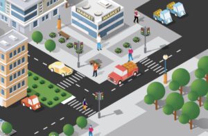 an illustration of a bustling city with tall buildings, cars and pedestrians